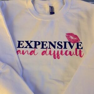 NWTHandmade WMS lg  WHITE SWEATSHIRT W/ message .. white black & pink